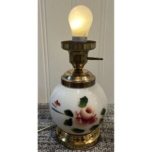 Antique Brass and White Glass Table Lamp Handpainted Roses 10” Tall